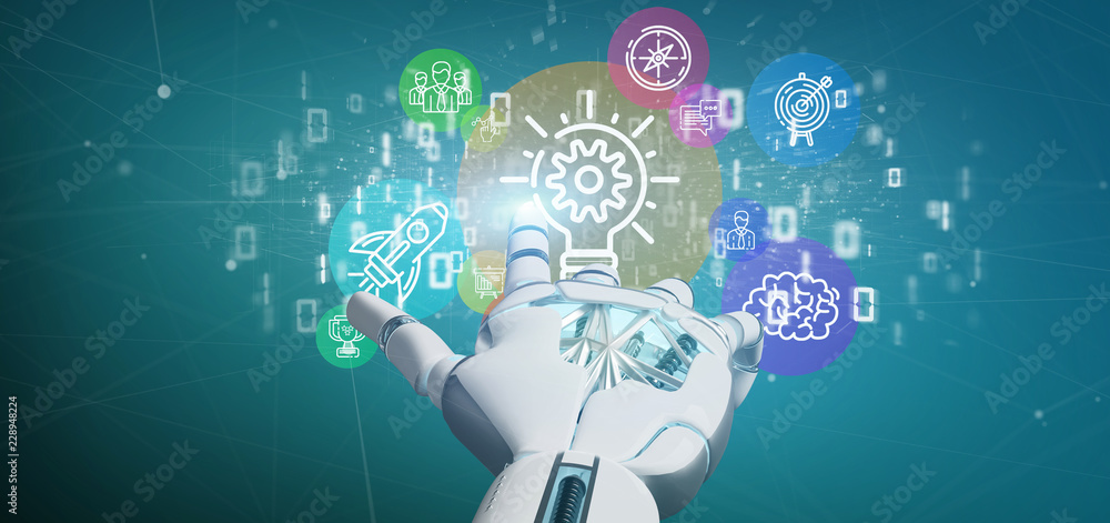Poster cyborg hand holding a cloud of colorfull start up icon bubble with data binary 3d rendering