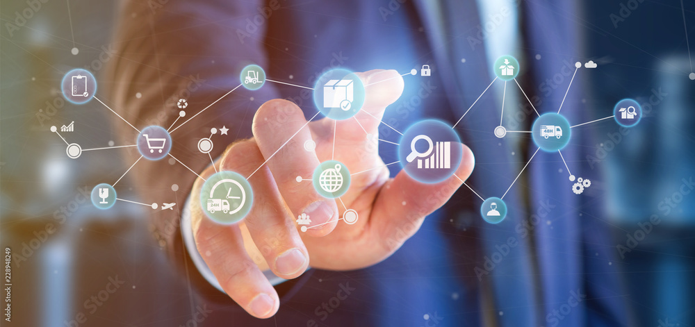 Poster businessman holding a logistic organisation with icon and connection 3d rendering