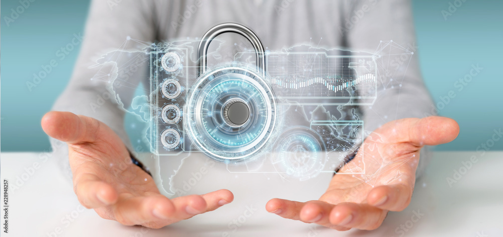 Poster man holding a padlock security technology interface 3d rendering