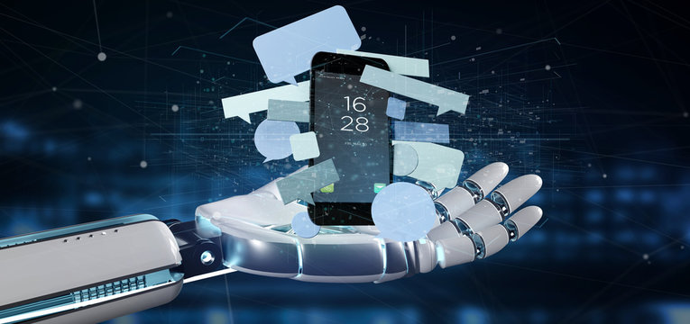 Cyborg hand holding a Messages bubbles surrounding a smartphone 3d rendering