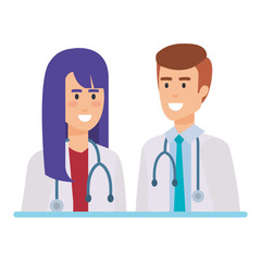 doctors couple with stethoscopes characters