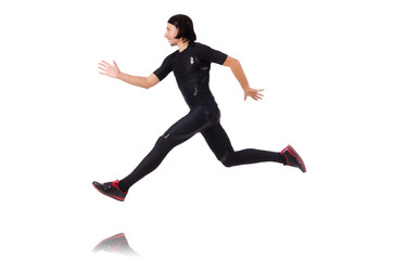 Young man doing exercises isolated on white