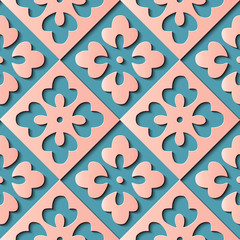 Seamless relief sculpture decoration retro pattern check geometry cross pink flower kaleidoscope