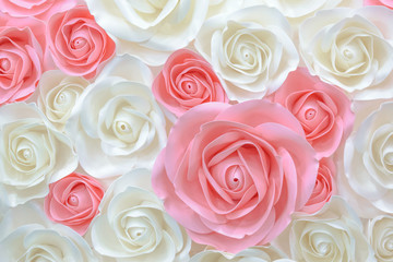 Large Giant Paper Flowers. Big pink, white, beige Rose, peony made from paper. Pastel paper background pattern lovely style. Flower made from corrugated paper and EVA Foam Paper