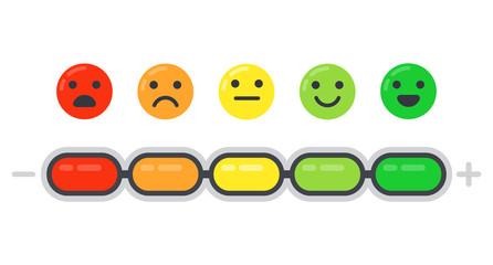 Emotional scale. Mood indicator, customer satisfaction survey and colored emotions emoji isolated flat vector illustration