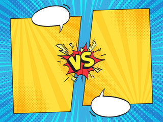 Versus comic frame. Vs comics book frames with cartoon text speech bubbles on halftone stripes background vector template © Tartila