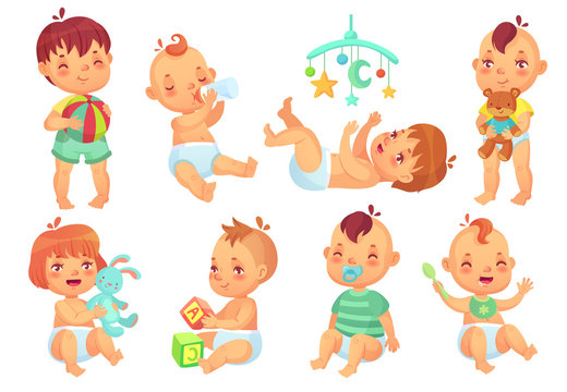 Smiling cartoon baby. Happy cute little kids playing with toys, small infant with pacifier and newborn children isolated vector set
