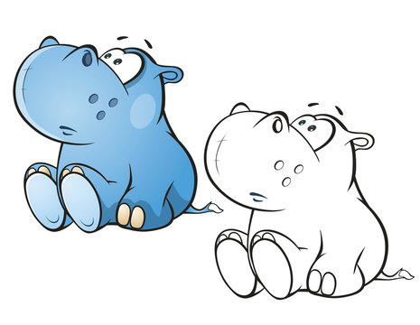 Illustration of a Cute Little Hippo Cartoon Character. Coloring Book. Outline 