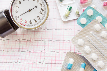 Medical manometer, cardiogram and pills