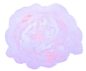 Lilac pastel watercolor hand-drawn isolated wash stain on white background for text, design. Abstract texture made by brush for wallpaper, label.