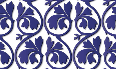 Seamless relief sculpture decoration retro pattern blue curve spiral cross leaf frame vine