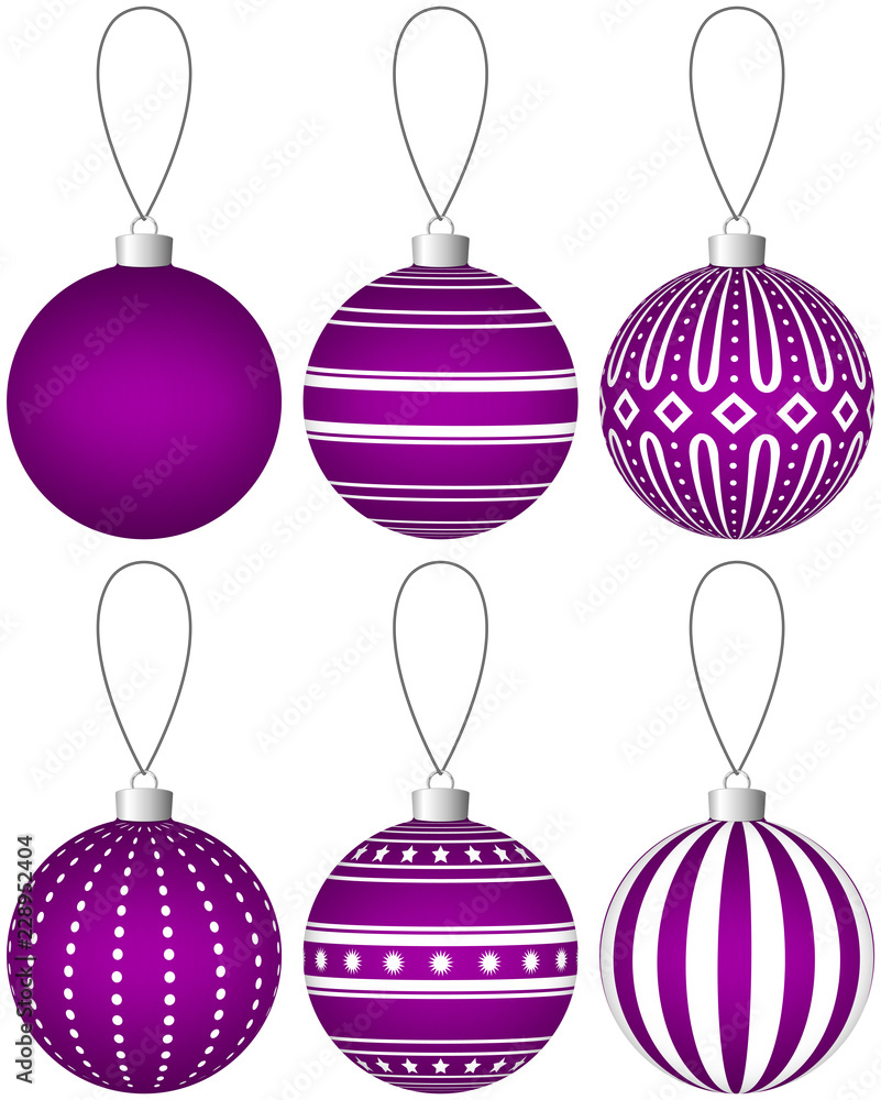 Poster collection of dark magenta christmas balls with pattern hanging on a thread. vector eps 10