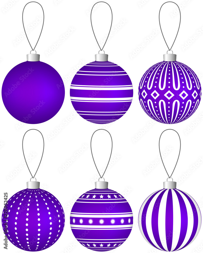 Poster collection of violet christmas balls with pattern hanging on a thread. vector eps 10