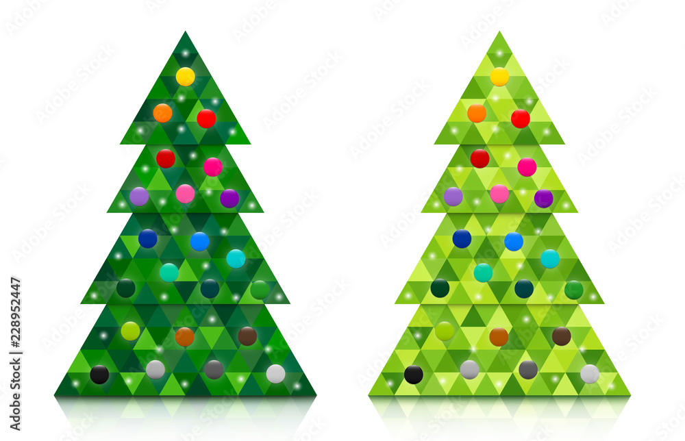 Poster Set of abstract coniferous trees consisting of triangles with reflection and decorated with colorful baubles. Two shades of green. Vector EPS 10