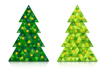 Set of abstract coniferous trees consisting of triangles with reflection and decorated with stars. Two shades of green. Vector EPS 10