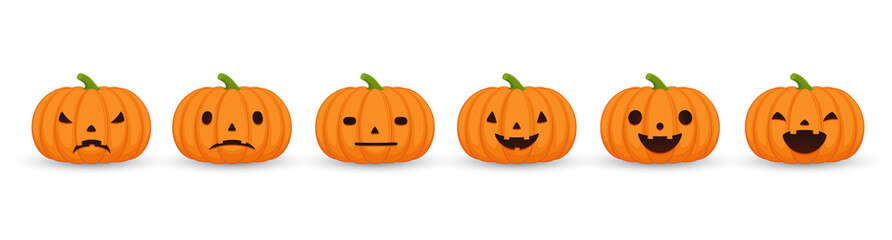 Set of halloween pumpkins, funny and scary facial expressions. Pumpkin set of emotions on white background.
