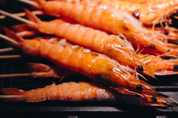 Grilled Shrimps On Wooden Skewer On Stainless Plate., Seafood., Street Food.