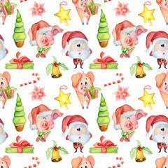 Christmas and New Year watercolor seamless pattern