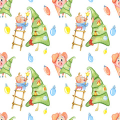 Christmas and New Year watercolor seamless pattern
