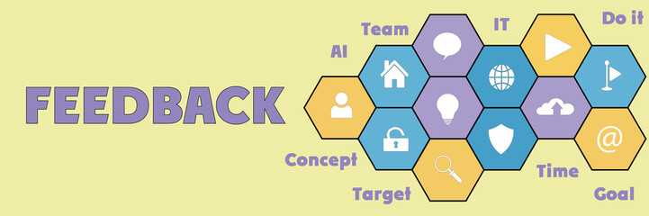 FEEDBACK Panoramic Hi tech banner with hexagons icons and tags