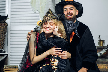 Love halloween! Happy kisses for the mother witch. Happy childhood and family holidays. A beautiful...