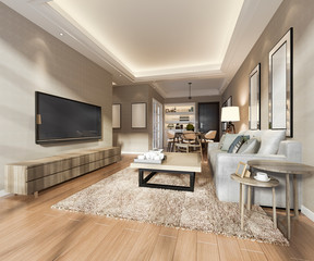 3d rendering modern dining room and living room with luxury decor