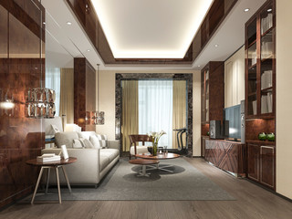 3d rendering wood classic living room with marble tile and bookshelf