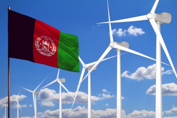 Afghanistan alternative energy, wind energy industrial concept with windmills and flag industrial illustration - renewable alternative energy, 3D illustration