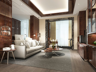 3d rendering wood classic living room with marble tile and bookshelf