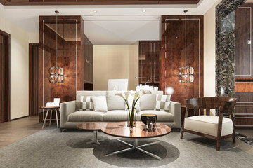 3d rendering wood classic living room with marble tile and bookshelf