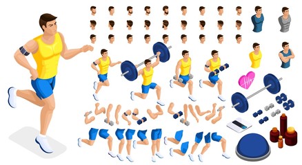 Isometrics create your sporty inflated man, a set of hairstyles, emotions, hands, feet. Without, gym, jumping. Sports equipment for creative set 1