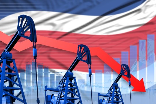 lowering, falling graph on Costa Rica flag background - industrial illustration of Costa Rica oil industry or market concept. 3D Illustration