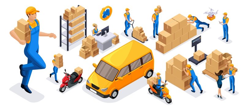 Isometric set of 4 service delivery icons, couriers carry orders, ride on official vehicles, scooter, car, drone quadrocopter, fast delivery