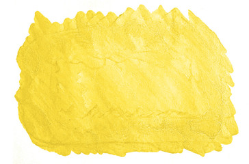 Yellow watercolor hand-drawn isolated wash stain on white background for text, design. Abstract texture made by brush for wallpaper, label.