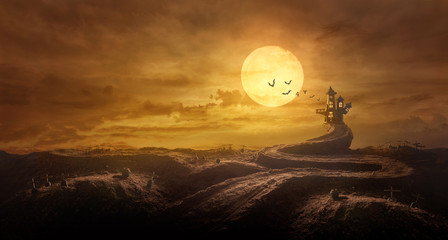 Halloween background through Stretched road grave to Castle spooky in night of full moon and bats flying