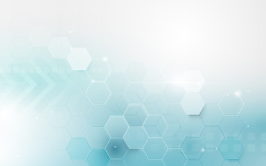 Abstract blue geometric hexagon shape and lines with science concept background