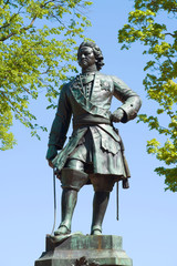 The old  Sculpture (monument) of Peter the First close-up on a sunny May day. Kronstadt