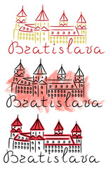 Bratislava red roof castle sketch with felt-tip pen and watercolor grunge vector illustration