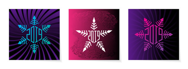 Happy New Year 2019. Greeting Cards with snowflakes. Vector illustration with modern gradients.