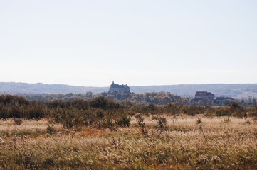 A view of the field and the Olesko Castle in the distance in the Lviv region, Ukraine.