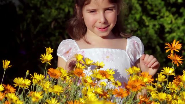 A young girl hides behind chest high, yellow and orange African Daisies.  She pops out and mouths, "Peek-a-boo!"  The wind gusts after her surprise.