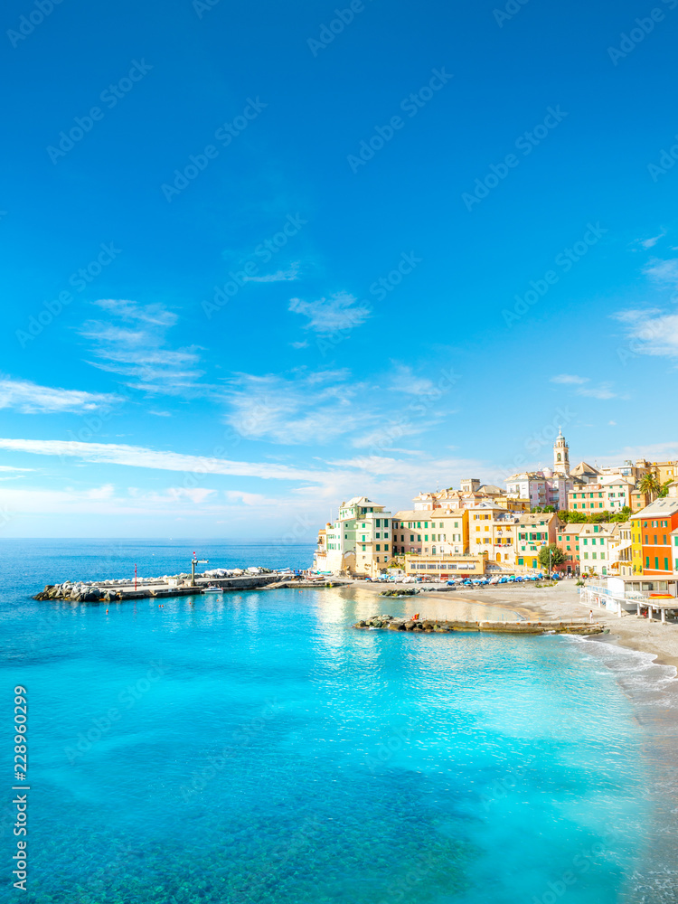 Wall mural View of Bogliasco. Bogliasco is a ancient fishing village in Italy, Genoa, Liguria. Mediterranean Sea, sandy beach and architecture of Bogliasco town. Liguria, Italy