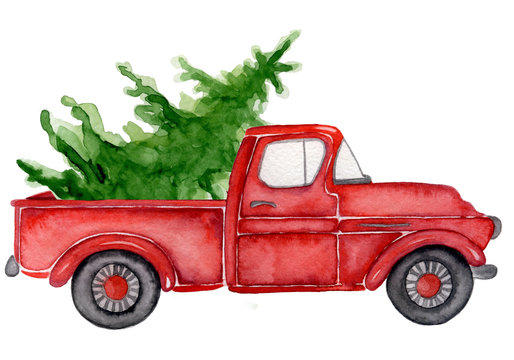 Red Christmas truck with pine trees New year watercolor illustration