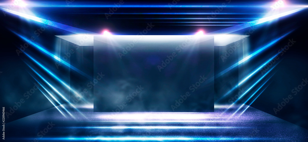 Wall mural background of an empty corridor with brick walls in blue and neon light. brick walls, neon rays and 