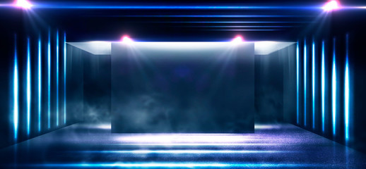 Background of an empty corridor with brick walls in blue and neon light. Brick walls, neon rays and glow, smoke. Blue abstract background.