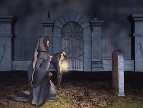 Woman kneeling at graveyard in front of tombstone. 3D rendering.
