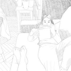 Livingroom scene drawing of a girl reading a book on a couch - 228961072