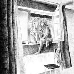 Digital hand drawn picture of a young woman smoking a cigarette by the window - 228961084