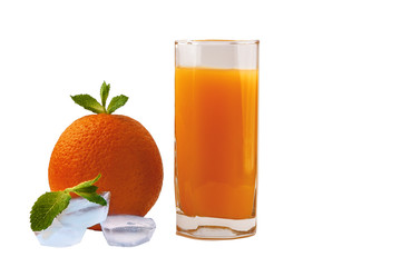 Orange juice in a glass with leaves of mint on a ice. Isolated