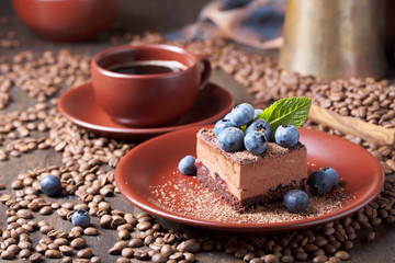 Chocolate cake with blueberries and mint .